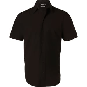 A short-sleeved men's button-up shirt in black with a neat collar and a logo on the chest.