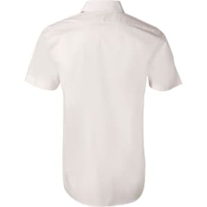 A white men's short-sleeve button-up shirt with a smooth finish, featuring a logo on the back.