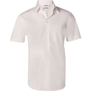 Men's short-sleeve button-up shirt in white, featuring a pocket and a logo on the label.
