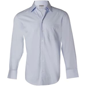 A light blue long-sleeve button-up shirt with a pocket, featuring a classic collar and cuffed sleeves. It has a logo.