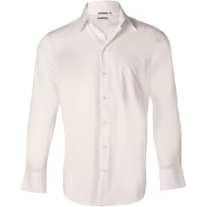 A white long-sleeve button-up shirt with a single pocket and a subtle logo.