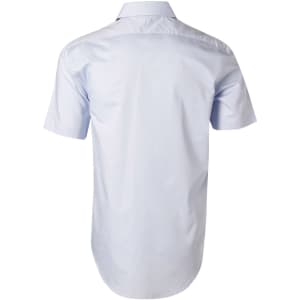 A light blue men's short-sleeve button-up shirt with a back yoke and a subtle logo.