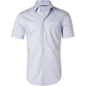 Light blue short-sleeve button-up shirt with a single chest pocket and collar, featuring a logo.