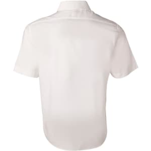 A white short-sleeved button-up shirt featuring a plain back design and a collar. Includes a logo.