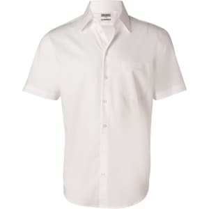 A white short-sleeve button-up shirt with a chest pocket and a collar, featuring a brand logo.