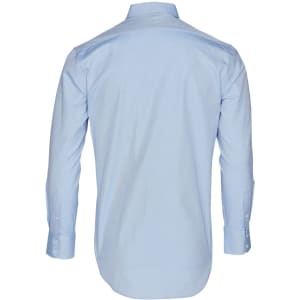A light blue men's long-sleeve button-up Oxford shirt with a back view, featuring a logo.