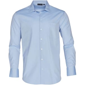 A light blue men's button-up shirt with long sleeves and a single chest pocket. It features a logo on the collar.