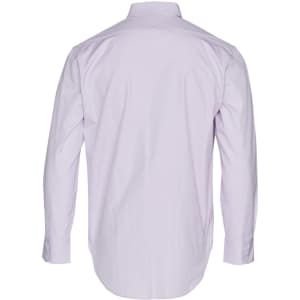 A light purple men's button-up Oxford shirt with long sleeves and a standard collar, featuring a logo on the back.