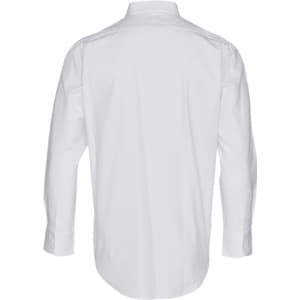 A white long-sleeved button-up shirt with a collar and cuffed sleeves, featuring a logo.