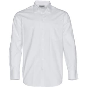 A white long-sleeve button-up shirt featuring a single chest pocket and a collar. It has a logo on the label.