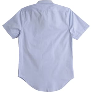 A light blue short sleeve button-up shirt with a smooth texture and a curved hem. Features a logo on the back.