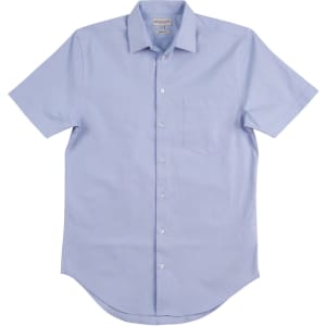A short sleeve, button-up shirt in light blue with a pocket and a subtle logo.
