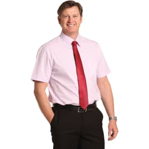 A short sleeve button-up shirt in light pink, featuring a pocket and paired with a red tie and black trousers.