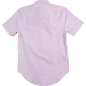 A men's short sleeve shirt in light purple with a curved hem and a back yoke. It features a logo on the brand label.