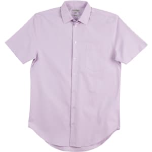 A light purple short sleeve button-up shirt with a single pocket and a logo.