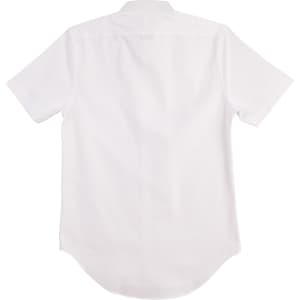A white short sleeve button-up shirt with a back yoke and curved hem. It has a logo at the back.