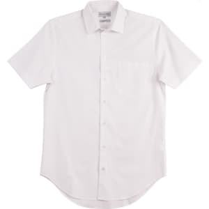 A white short-sleeve button-up shirt with a pocket and a logo. Clean and simple design.