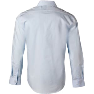 A light blue men's long-sleeve self-stripe button-up shirt with a back view and a branding logo.