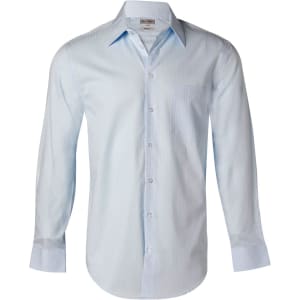 A light blue men's long-sleeve button-up shirt with a self-stripe pattern and a single chest pocket.