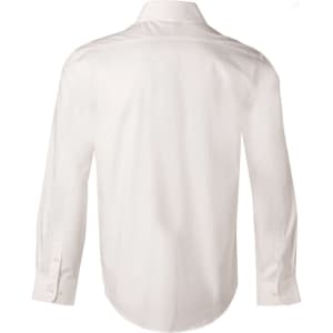 A white men's long-sleeve button-up shirt with a self-stripe design. Features a collar and button cuffs.