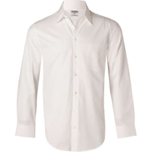 A white long-sleeve button-up shirt featuring a self-stripe pattern and a chest pocket, with a logo.