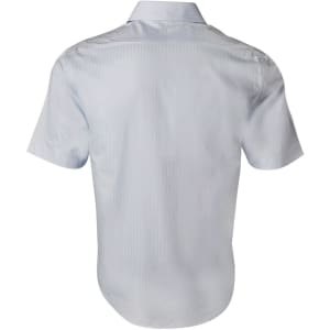 A light blue men's short-sleeve button-up shirt with a self-stripe pattern and a logo.