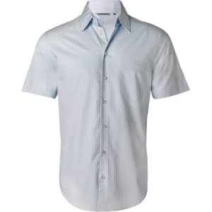 A light blue short-sleeve button-up shirt with a self-stripe pattern and a chest pocket. It has a logo.