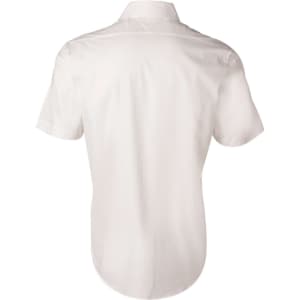 A plain white short-sleeve button-up shirt featuring a self-stripe pattern on the fabric.