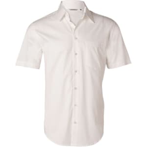 Men's short-sleeve button-up shirt in white with a self-stripe pattern and a single chest pocket.