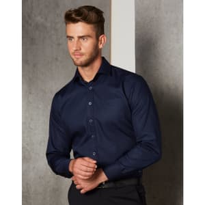 A navy blue men's button-up shirt with long sleeves and a pocket, featuring a subtle striped design.