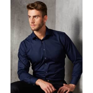 A navy blue men's button-up shirt with a pocket, featuring a dobby stripe pattern. The shirt has a branded logo.