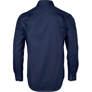A navy blue men's button-up shirt featuring a dobby striped pattern and long sleeves. It has a branding logo.
