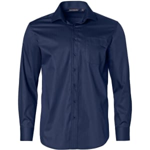 A navy blue long-sleeve button-up shirt with a pocket and a subtle striped pattern. It features a branded label.