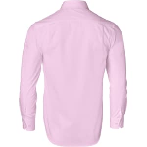A pink men's button-up shirt with long sleeves and a dobby striped pattern, featuring a logo.