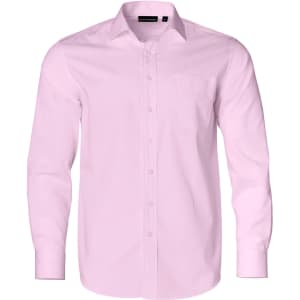 A pink long-sleeve button-up shirt with a pocket and a branding logo. Features a dobby striped pattern.