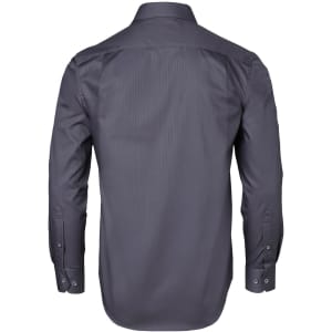 A men's long-sleeve shirt in dark grey with a dobby stripe pattern and button-up cuffs. Features a logo on the back.