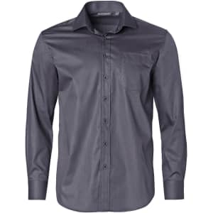A men's long-sleeve button-up shirt in a dark grey dobby striped pattern, featuring a pocket and collar.