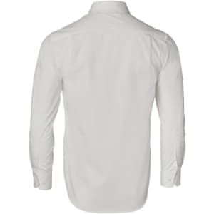 A long-sleeved, button-up shirt in white with a dobby striped texture, featuring a collar and branding on the back.