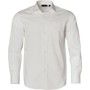 A white long-sleeve button-up shirt featuring a dobby stripe pattern and a chest pocket. The shirt has a logo on the tag.