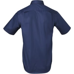 A navy blue short-sleeved button-up shirt with a plain back and a logo on the fabric.