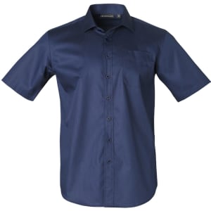 A navy short-sleeve button-up shirt with a pocket and a logo on the collar.