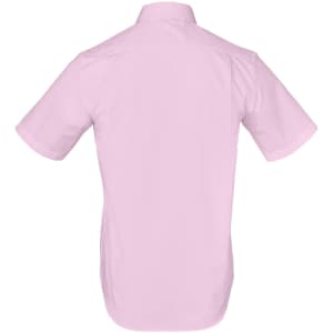 A short-sleeved, button-up shirt in light pink, featuring a smooth back design and a logo.