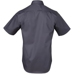 A short-sleeved men's button-up shirt in dark grey with a smooth finish and a logo on the back.