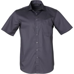A short-sleeved, button-up men's shirt in dark grey, featuring a striped design and a chest pocket. It has a logo on the collar.