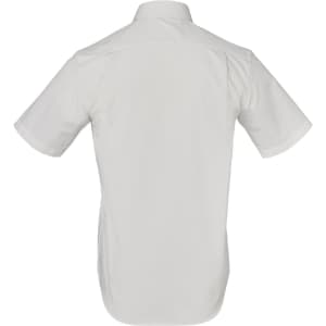 A short-sleeved button-up shirt in light grey with a striped design and a brand logo.