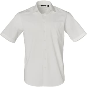 A white short-sleeve button-up shirt featuring a chest pocket and a logo.