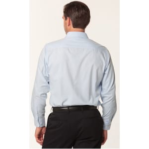A long sleeve men's button-up shirt in light blue herringbone pattern, featuring a branded logo.