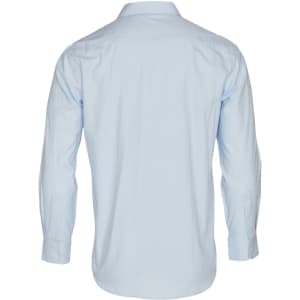 A light blue long sleeve button-up shirt featuring a mini herringbone pattern and a logo on the back.