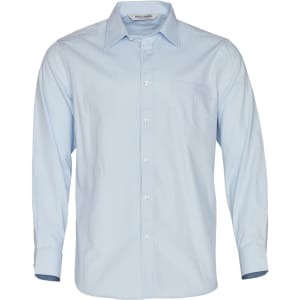 A light blue long sleeve button-up shirt with a herringbone pattern and a chest pocket. Features a logo on the label.