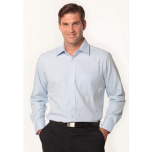 A light blue men's long sleeve button-up shirt with a mini herringbone pattern, featuring a logo on the chest.